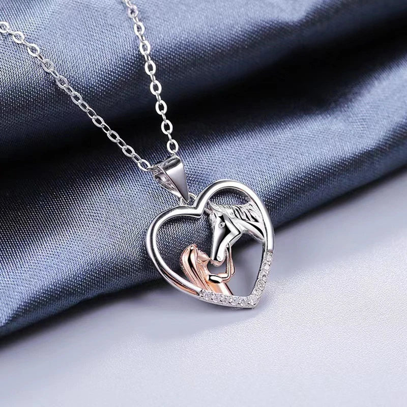 Beautiful Heart Shaped Zircon Girl and Horse Necklace