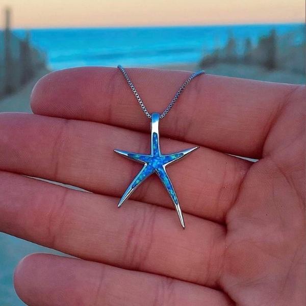 Necklace with blue opal and silver starfish