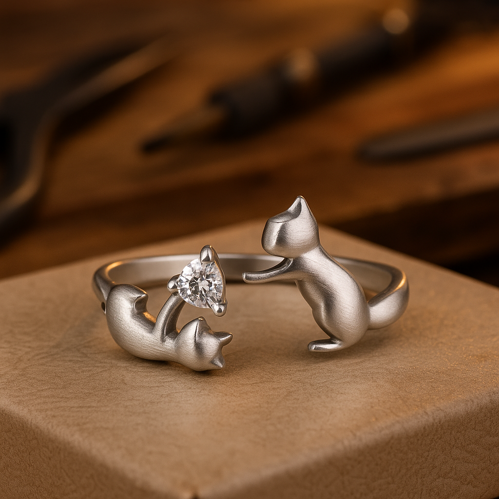 Adjustable sterling silver cat ring with cubic zirconia