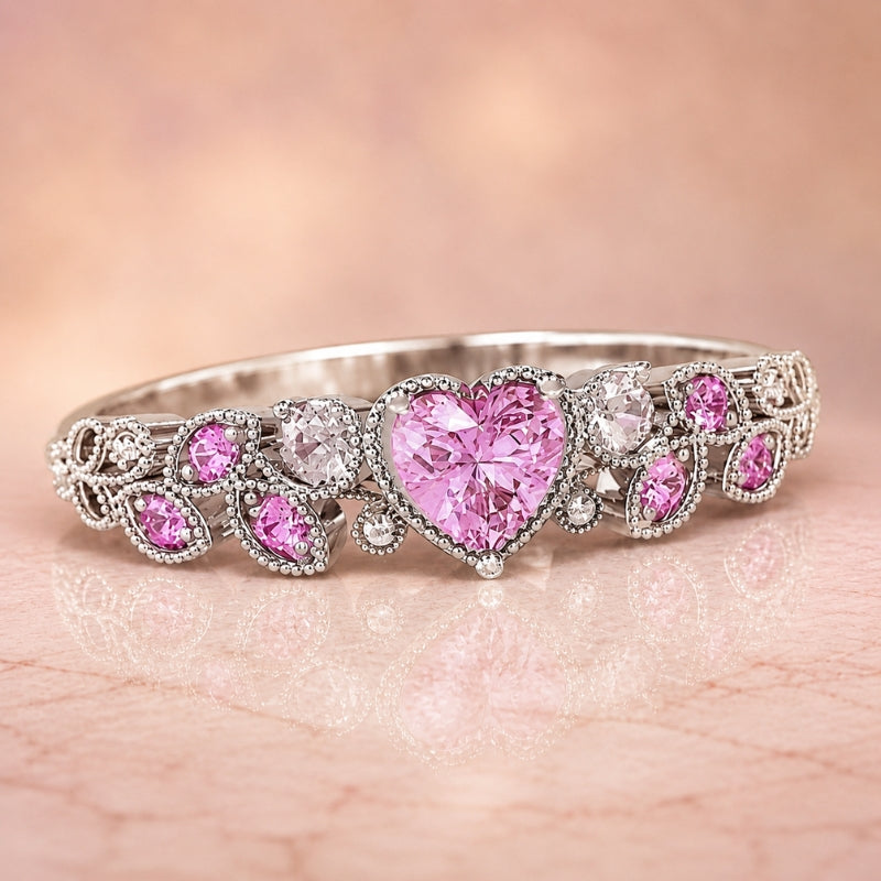 Hjerteslebet Ring med Rosa Sten