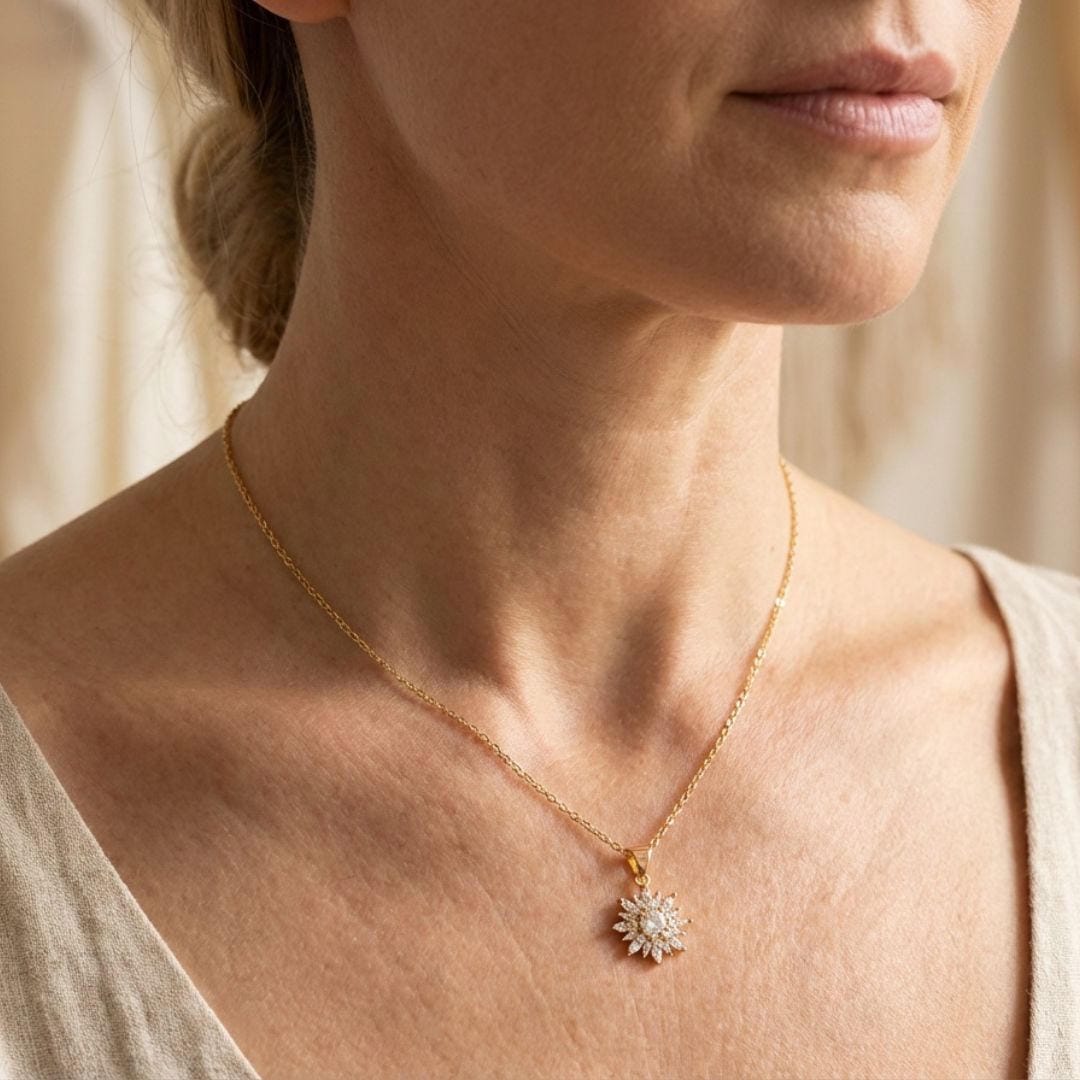 Trendy Silver Sunflower Zirconia Necklace and Earrings Set