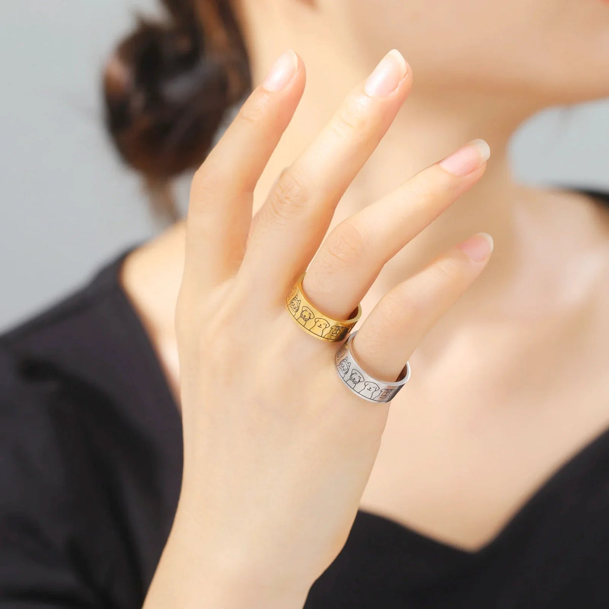 Wide stainless steel dog ring - engraved design for women