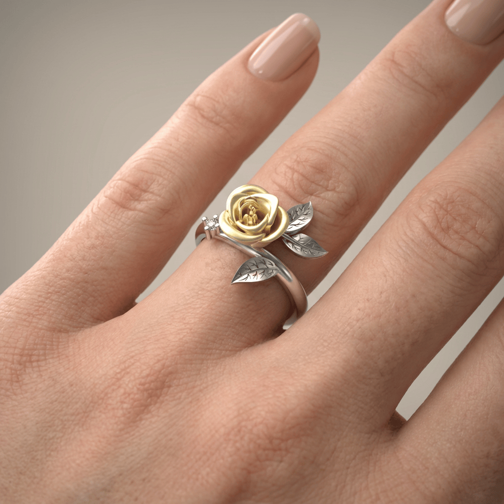 SØLVRING MED GUL ROSE