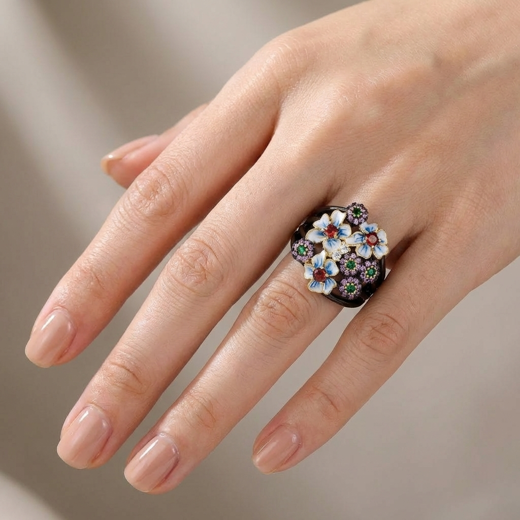 FARVERIG ENAJL BLOMSTER HAVE RING