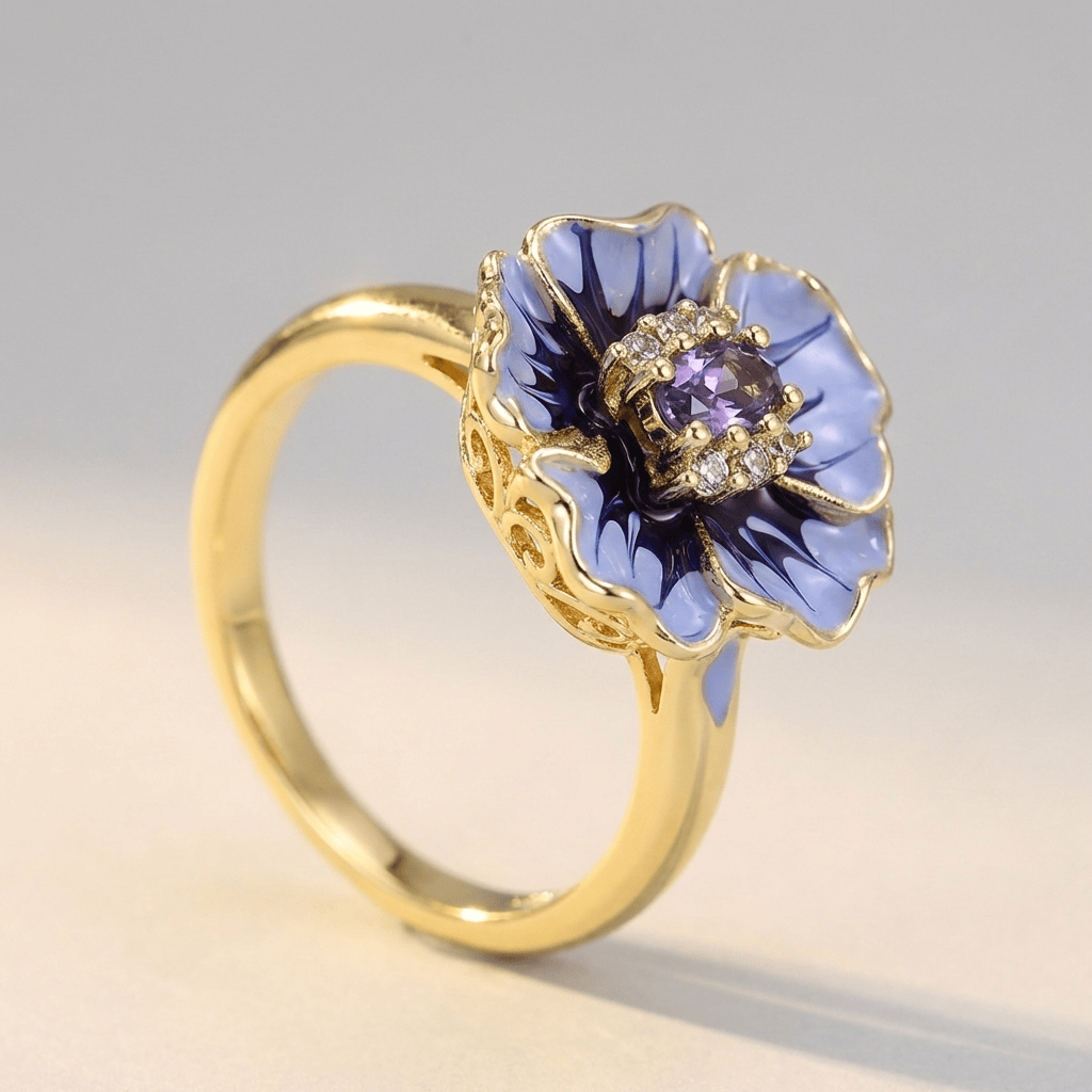 Guld blå blomst-ring