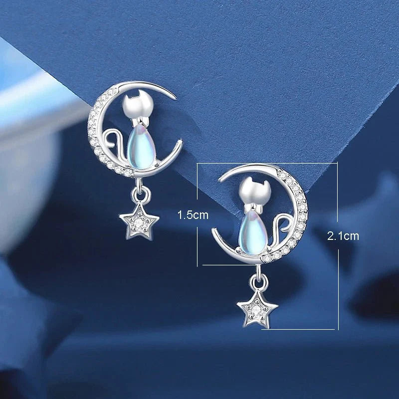 925 Sterling Silver Moon & Star Cat Earrings With Zircon