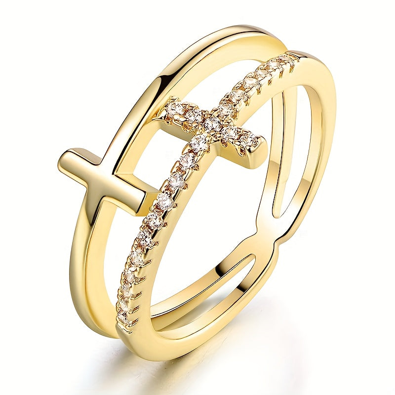 White gold double layer ring with zirconia cross