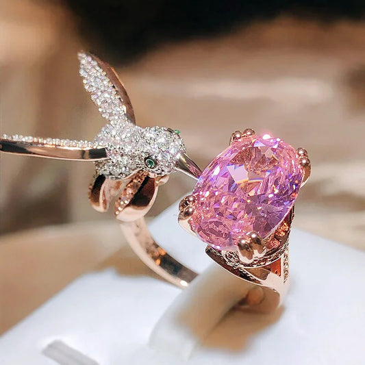 Justerbar ring med kolibristen – Zirkon, 14 karat forgyldt