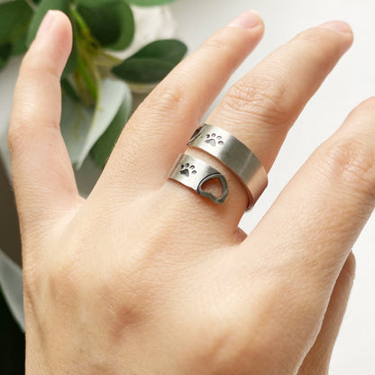 Paw & Heart Adjustable Twist Ring – Stainless Steel