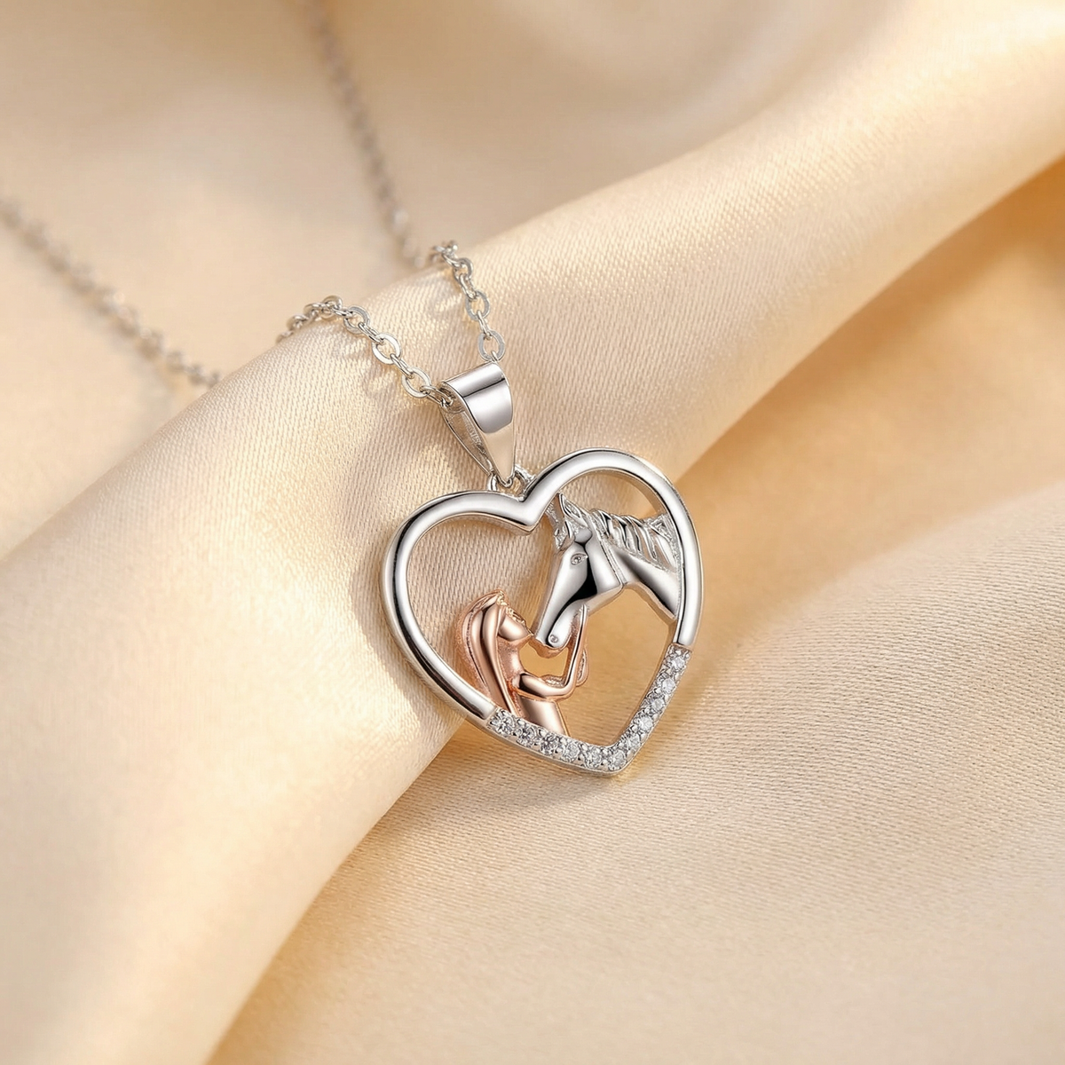 Beautiful Heart Shaped Zircon Girl and Horse Necklace