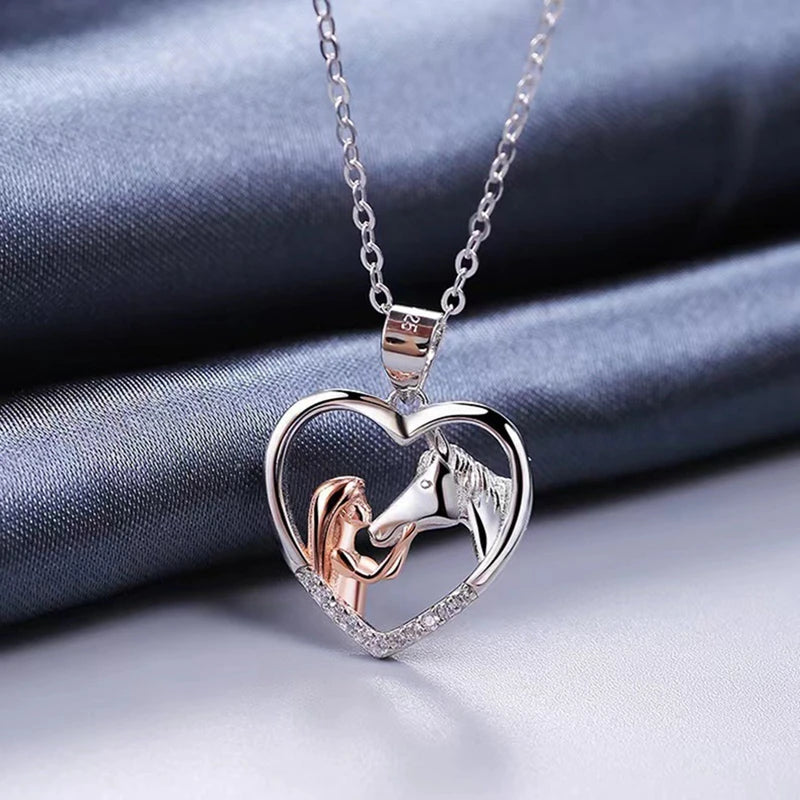 Beautiful Heart Shaped Zircon Girl and Horse Necklace
