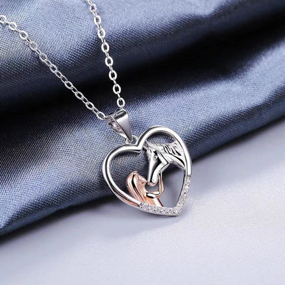 Beautiful Heart Shaped Zircon Girl and Horse Necklace