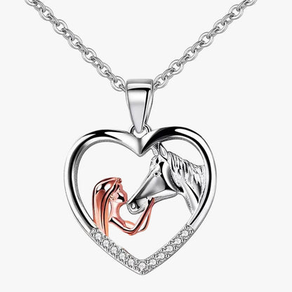 Beautiful Heart Shaped Zircon Girl and Horse Necklace
