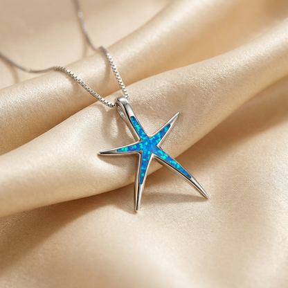 Necklace with blue opal and silver starfish