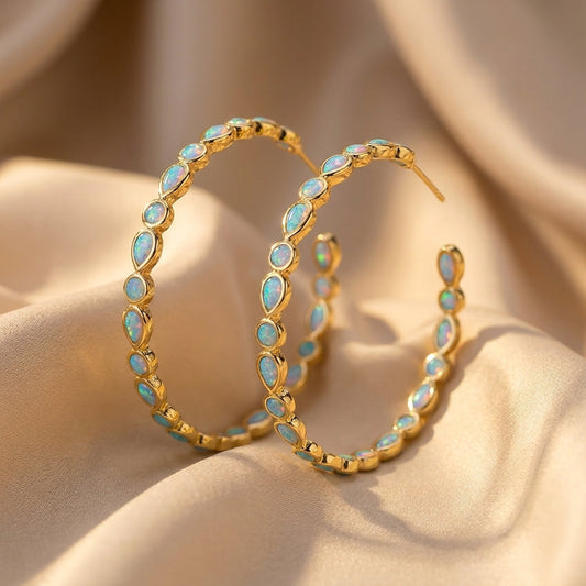 Antique Gold Circle Opal Earrings