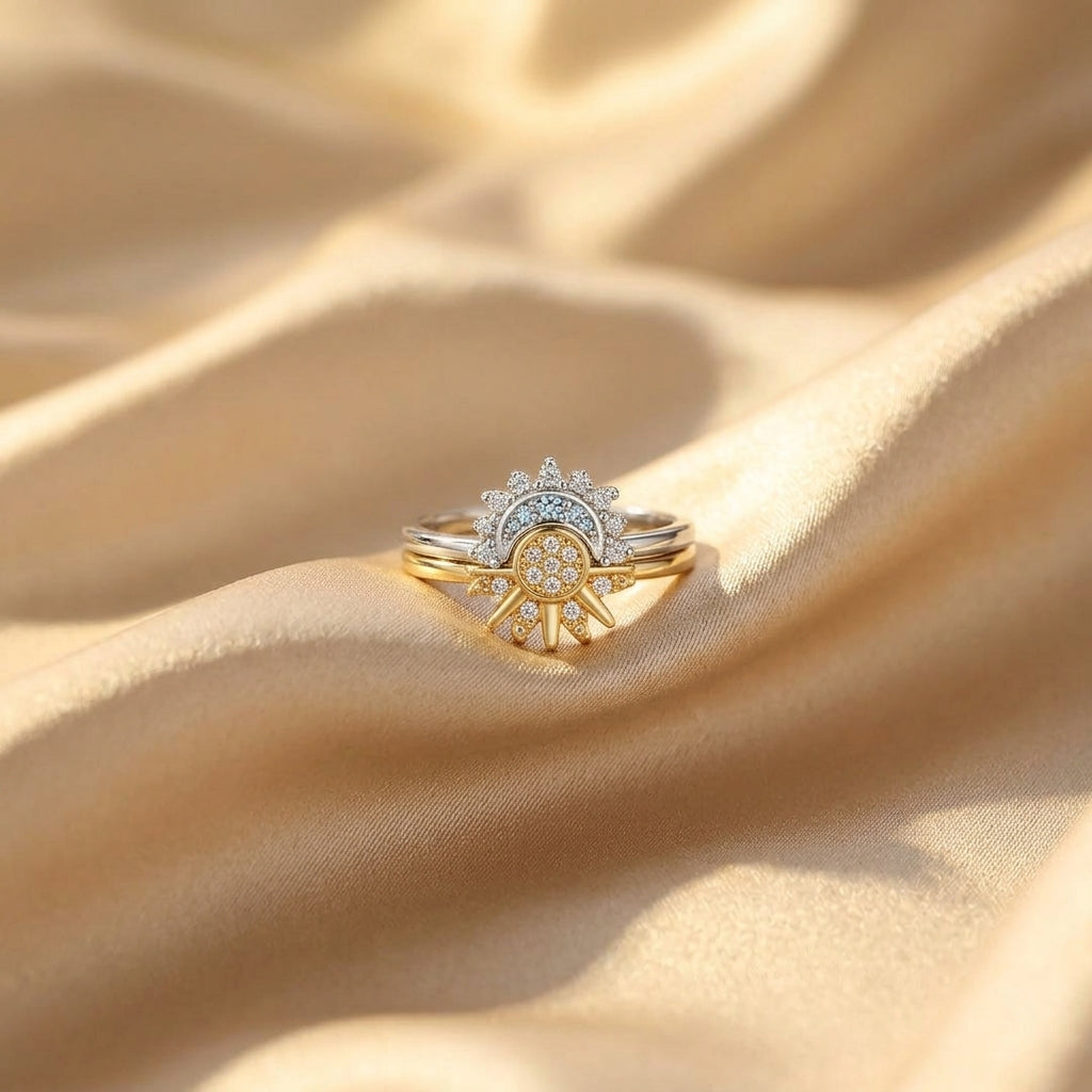 Timeless silver zircon sun moon ring set