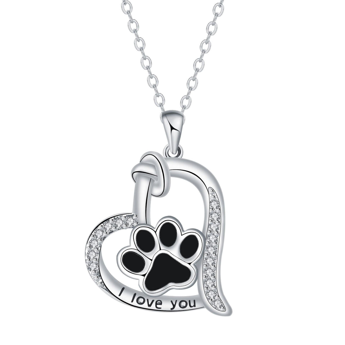Heart-shaped necklace with dog print and cubic zirconia.