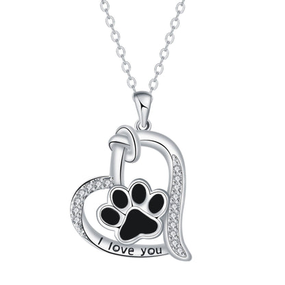 Heart-shaped necklace with dog print and cubic zirconia.