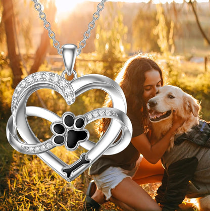 Infinity Heart & Paw Necklace in 925 Sterling Silver with Cubic Zirconia