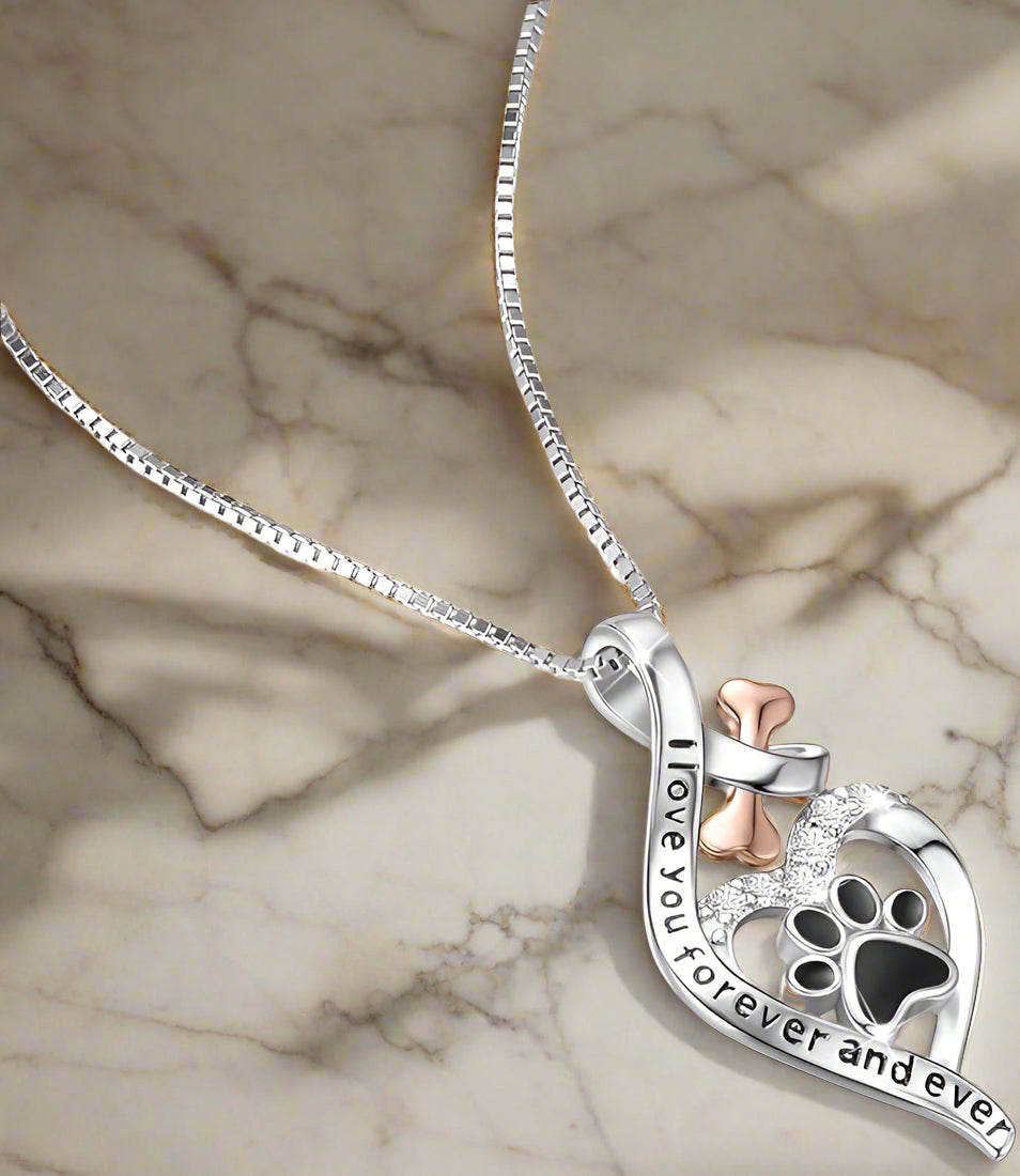 Lucky Paw Necklace with Heart, Bone, and Infinity Symbol – "Always in My Heart" Pendant.