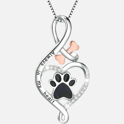 Lucky Paw Necklace with Heart, Bone, and Infinity Symbol – "Always in My Heart" Pendant.