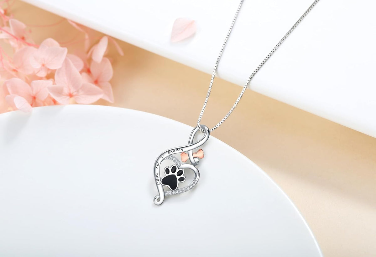Lucky Paw Necklace with Heart, Bone, and Infinity Symbol – "Always in My Heart" Pendant.