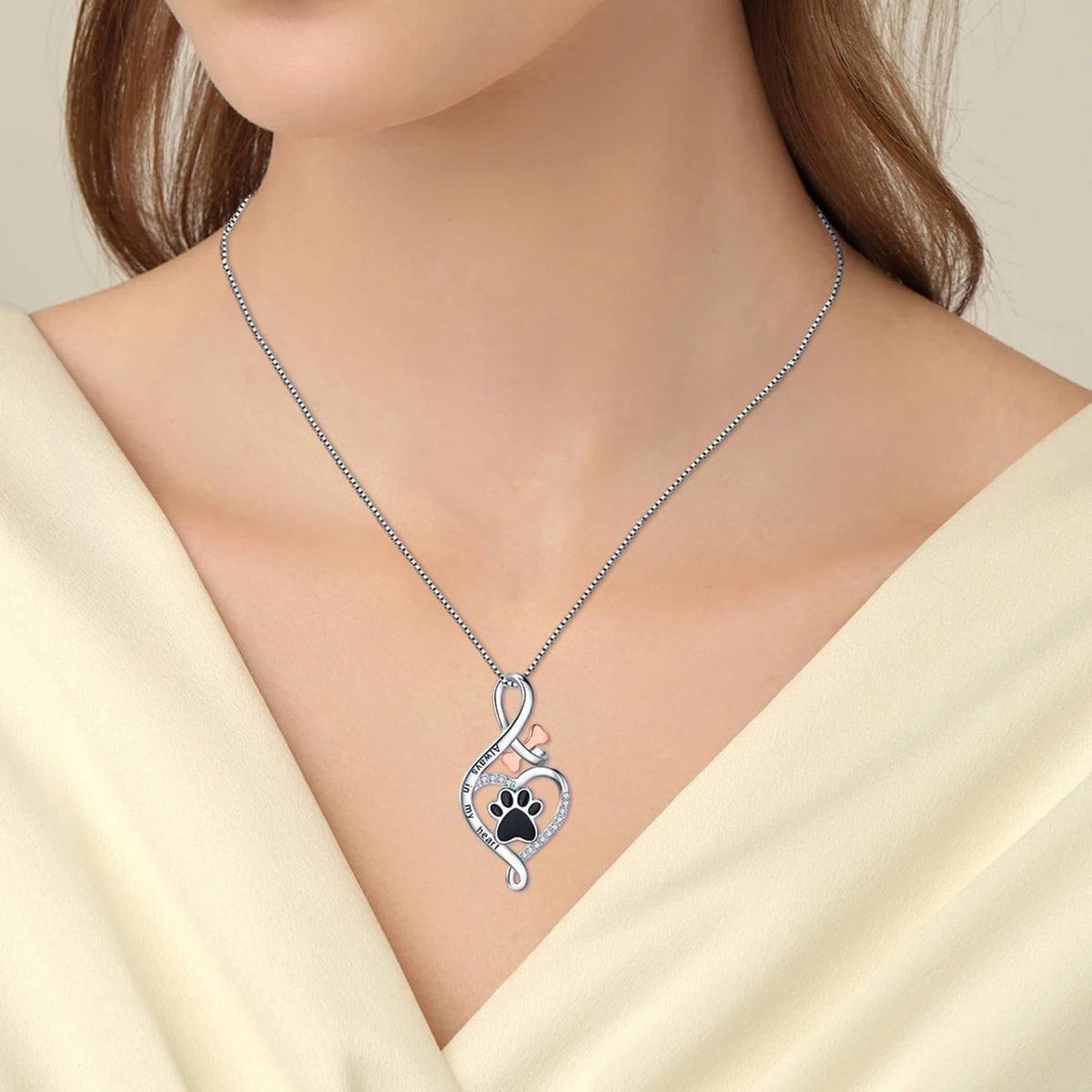 Lucky Paw Necklace with Heart, Bone, and Infinity Symbol – "Always in My Heart" Pendant.