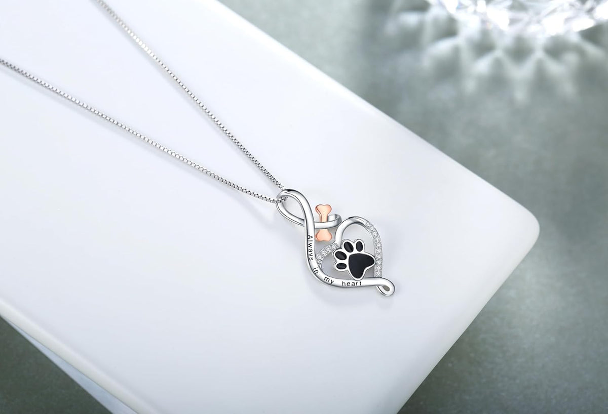 Lucky Paw Necklace with Heart, Bone, and Infinity Symbol – "Always in My Heart" Pendant.