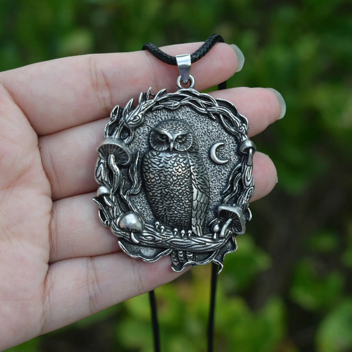 Mysterious owl moon mushroom pendant necklace