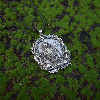 Mysterious owl moon mushroom pendant necklace