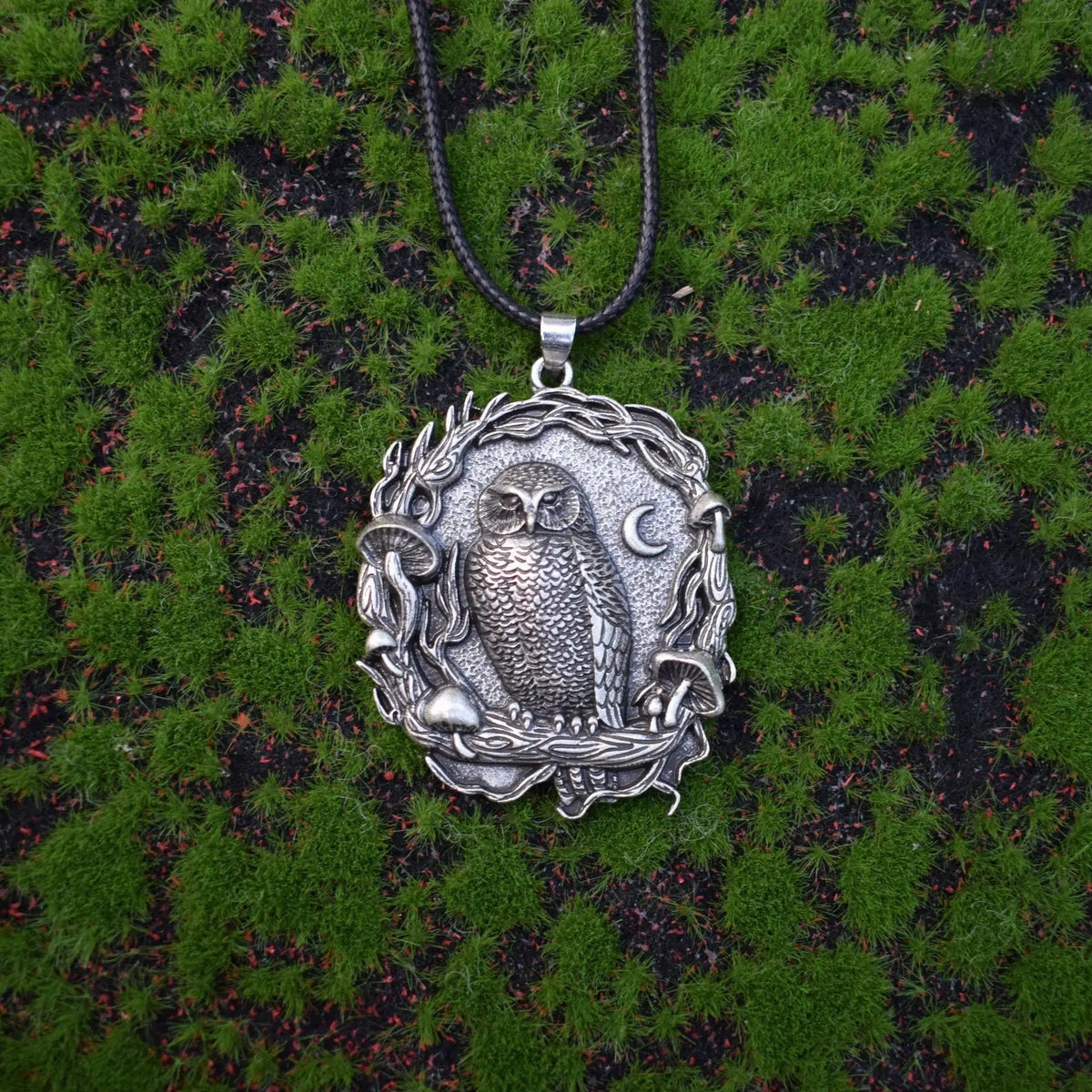 Mysterious owl moon mushroom pendant necklace