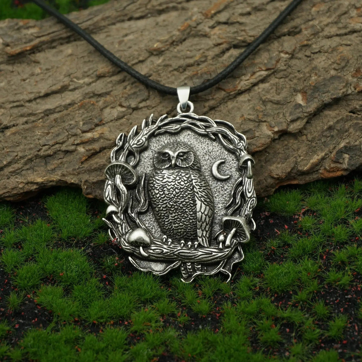 Mysterious owl moon mushroom pendant necklace