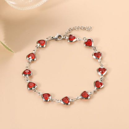 Silver Ruby Heart Link Bracelet