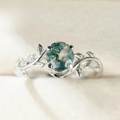 Retro rund ring med agatkant og blad