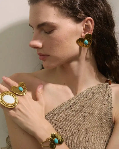 Vintage guldindlagte turkis hjerteøreringe, ring og armbåndssæt