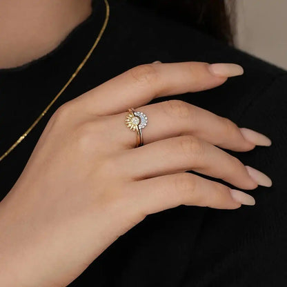 Timeless silver zircon sun moon ring set