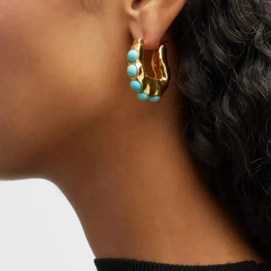 Large turquoise stone-sculpted hoops