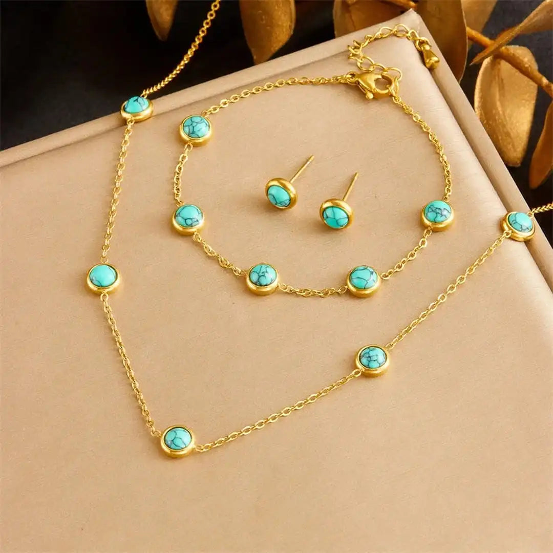 Bohemian Silver Turquoise Necklace, Earrings, and Bracelet Set
