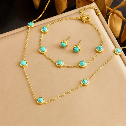 Bohemian Silver Turquoise Necklace, Earrings, and Bracelet Set