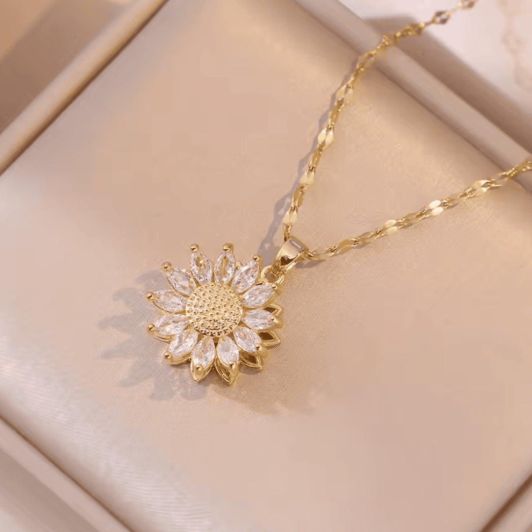 Trendy Silver Sunflower Zirconia Necklace and Earrings Set