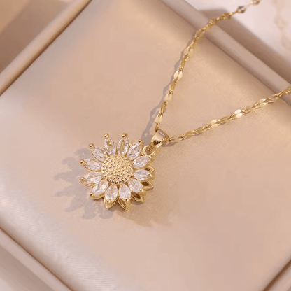 Trendy Silver Sunflower Zirconia Necklace and Earrings Set