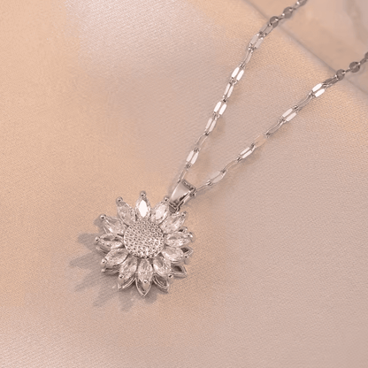 Trendy Silver Sunflower Zirconia Necklace and Earrings Set