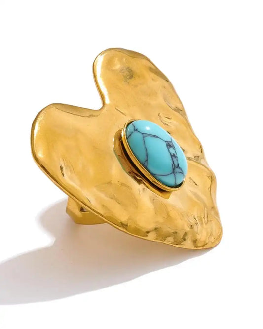 Vintage gold-inlaid turquoise heart earrings, ring, and bracelet set