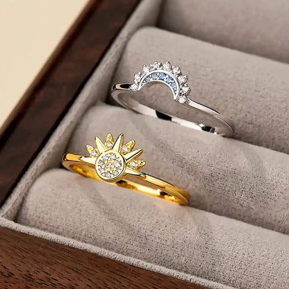 Timeless silver zircon sun moon ring set