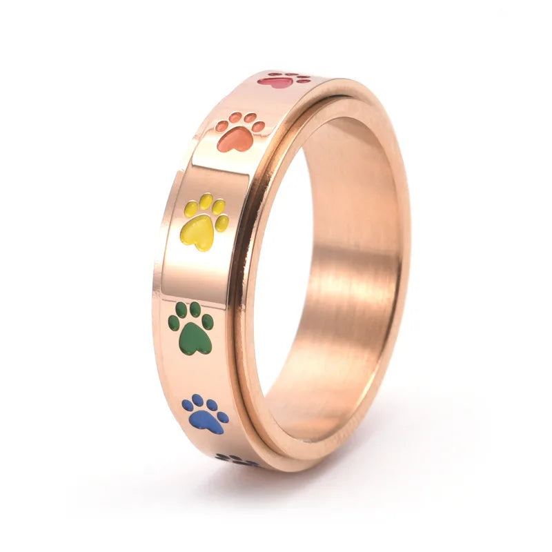 Spinning Stress-Reducing Potring - Stainless Steel with Rainbow Paws