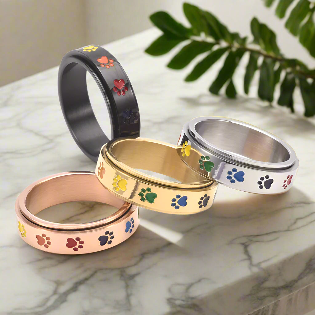 Spinning Stress-Reducing Potring - Stainless Steel with Rainbow Paws