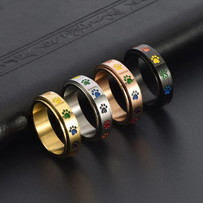 Spinning Stress-Reducing Potring - Stainless Steel with Rainbow Paws