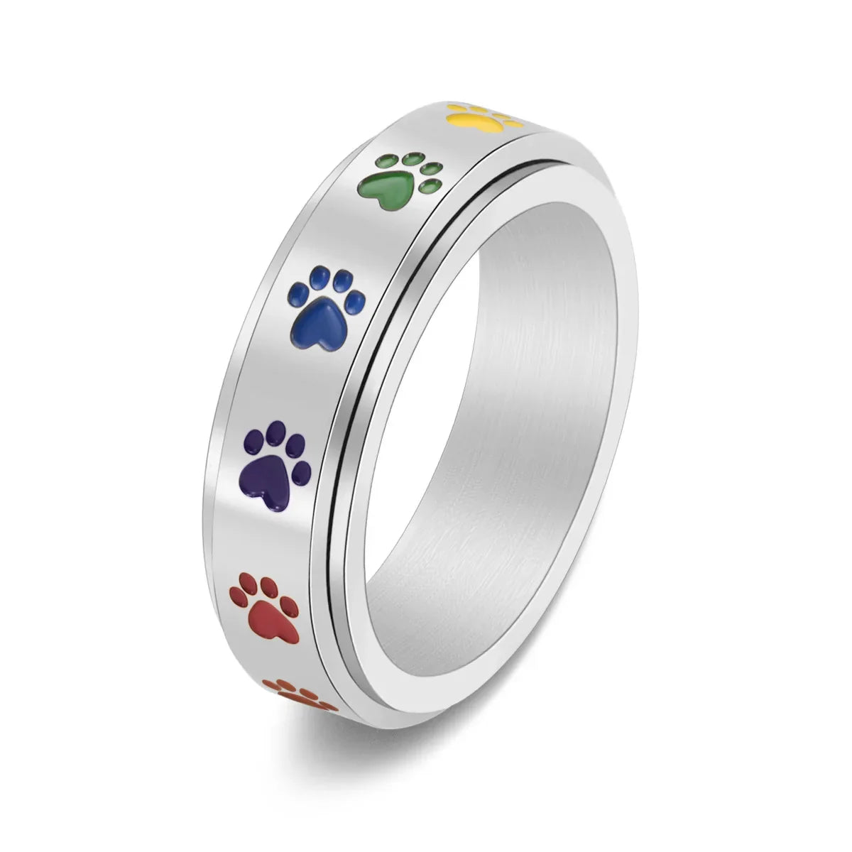 Spinning Stress-Reducing Potring - Stainless Steel with Rainbow Paws
