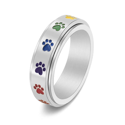 Spinning Stress-Reducing Potring - Stainless Steel with Rainbow Paws