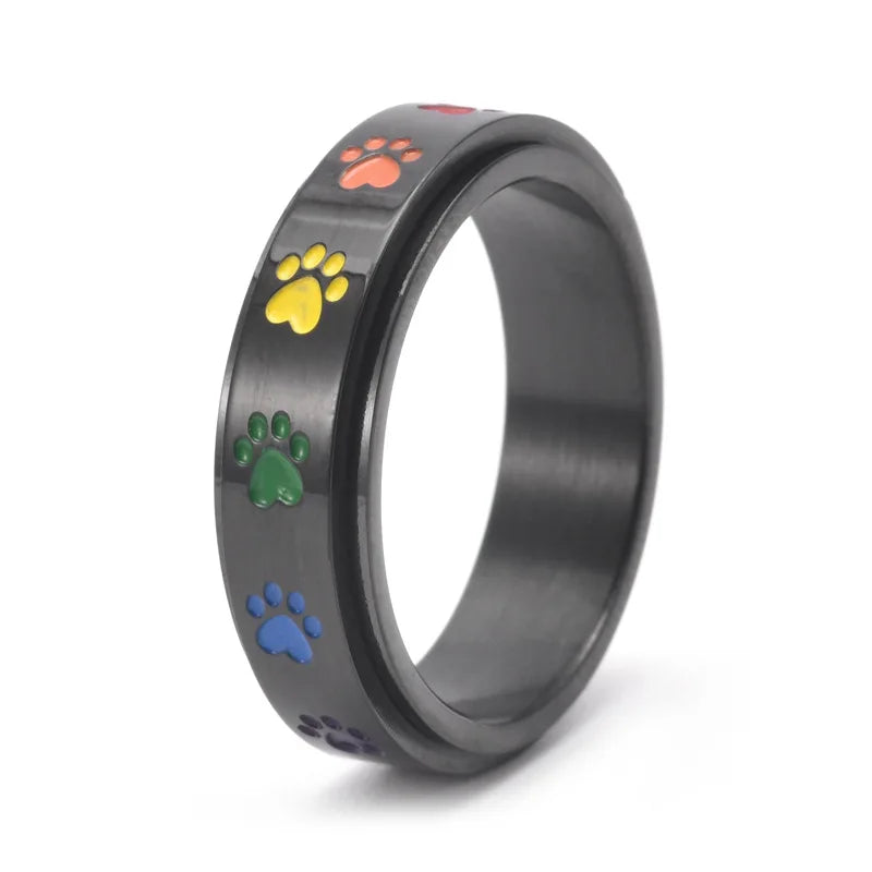 Spinning Stress-Reducing Potring - Stainless Steel with Rainbow Paws